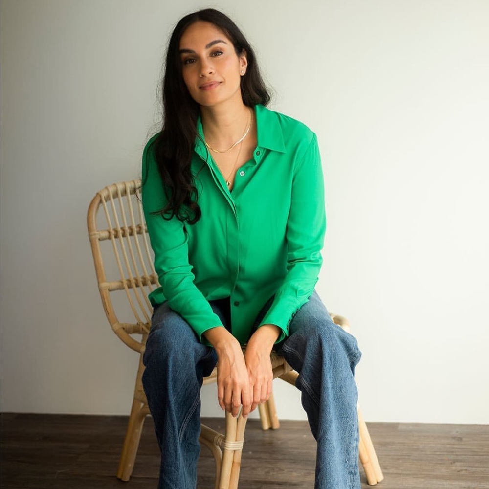Numi The Simone Button-Up Blouse / Medium / Mint Green Silk Blend Long Sleeves